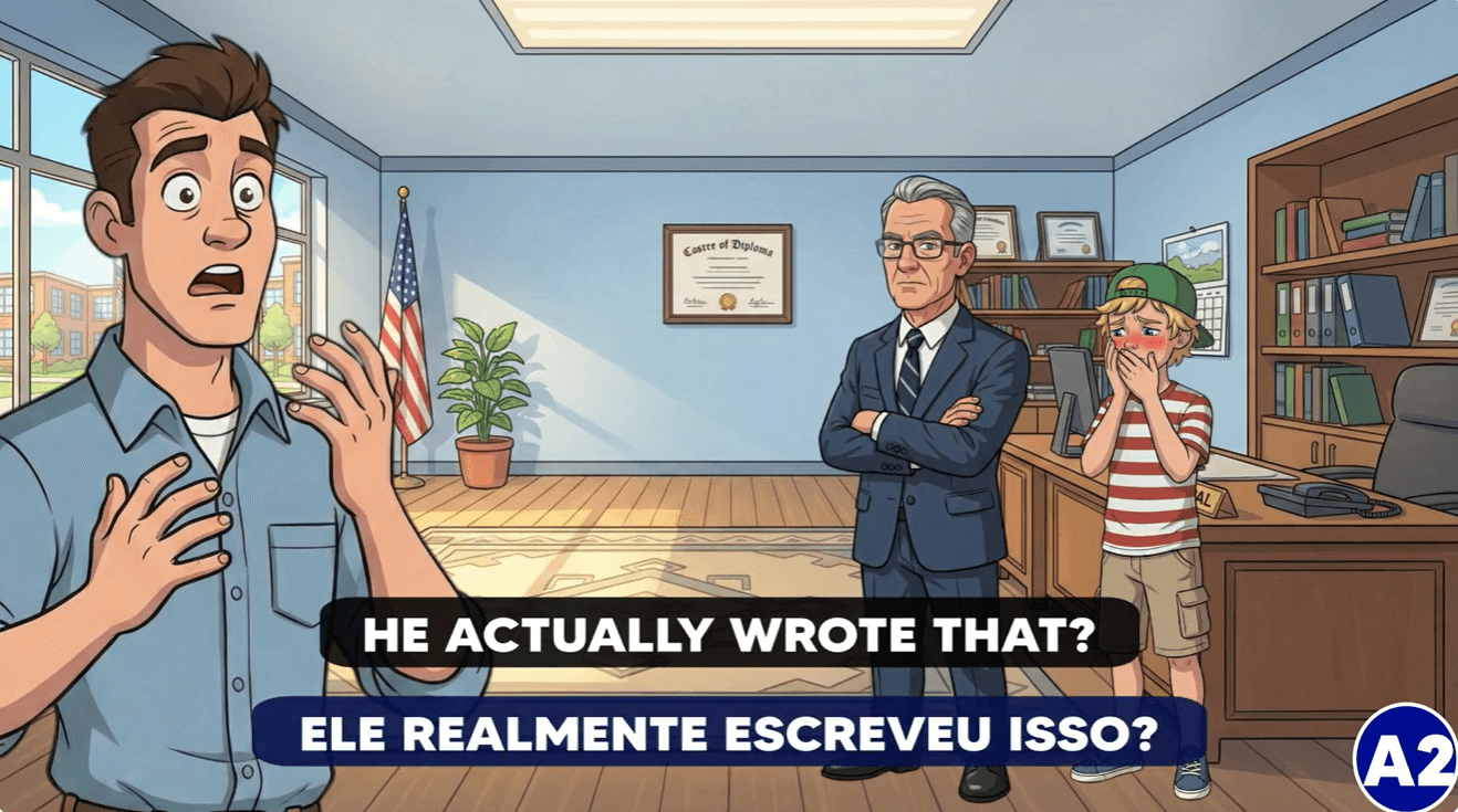 Cena da Família Smith com uma frase em inglês e sua tradução em português