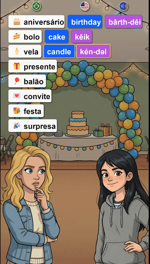 Vocabulário de aniversário em português e inglês com Anna e Lily